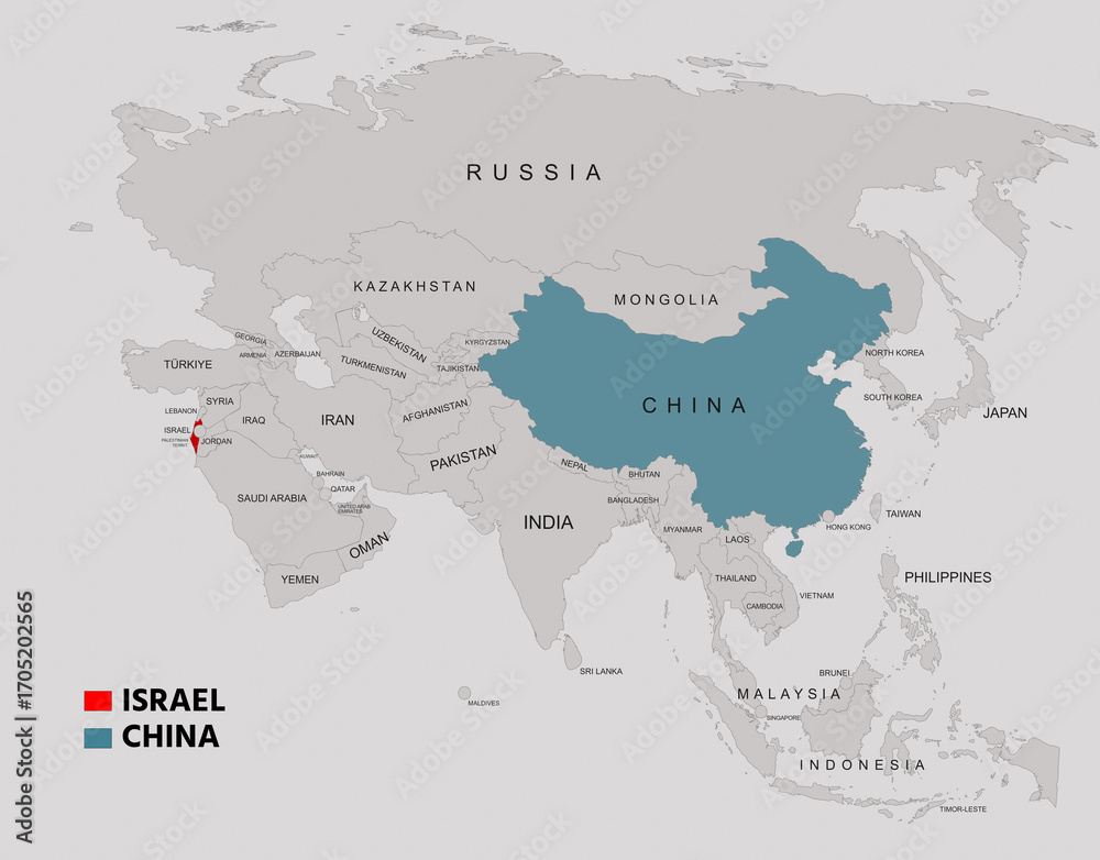 Fototapeta premium China and Israel Highlighted on Asia Map Showing Borders and Locations