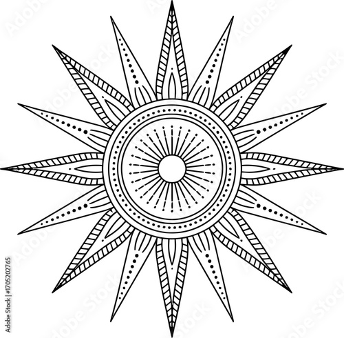 Black and white sunburst mandala geometric pattern