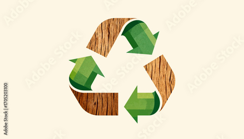 A recycling symbol composed of wood grain and green polygonal shapes on a beige background.