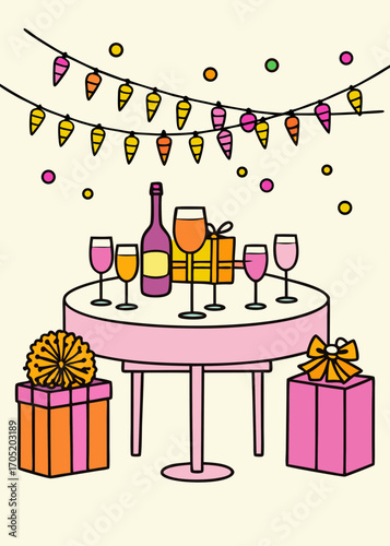 Festive celebration setup with a bottle of wine wine glasses gift boxes and carrot shaped string lights overhead