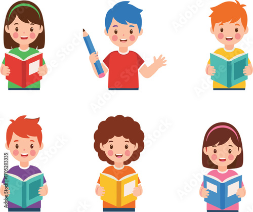 Cartoon children with books and pencil, educational kids illustration set, school learning vector, creative study clipart, colorful student character design