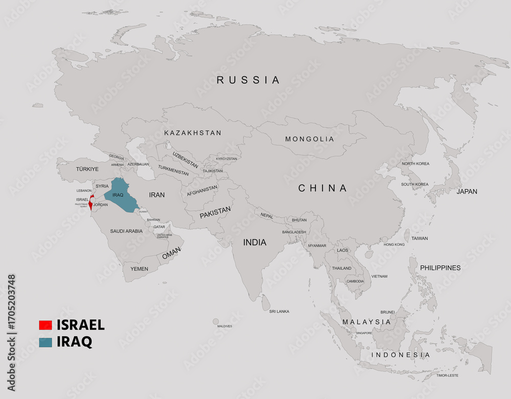 Fototapeta premium Iraq and Israel Country Map with Borders Geographic Political Overview