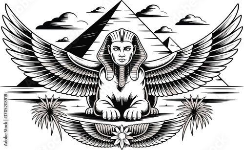 Winged Sphinx with Pyramids and Palm Trees egypt wings