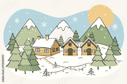 Charming hand drawn illustration of cozy wooden cabins nestled in a snowy mountain landscape with pine trees and festive string lights