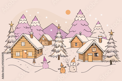 Charming winter village scene with snowmen and decorated christmas trees in a cozy mountain landscape