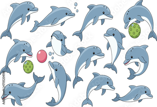 Cartoon dolphin vector set, playful sea animal clipart, swimming and bouncing poses, ocean creature illustration, kids marine design