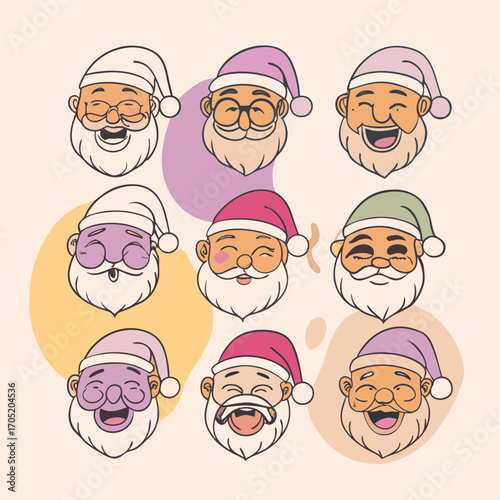 Collection of nine cheerful santa claus faces with various expressions and colorful hats perfect for holiday designs