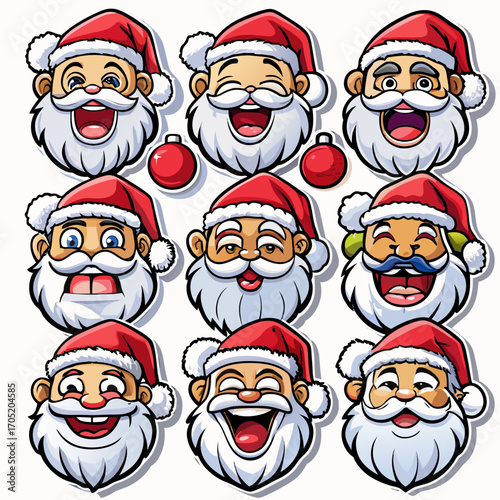 Collection of nine cheerful santa claus faces with different expressions and emotions adorned in iconic red hats and white beards