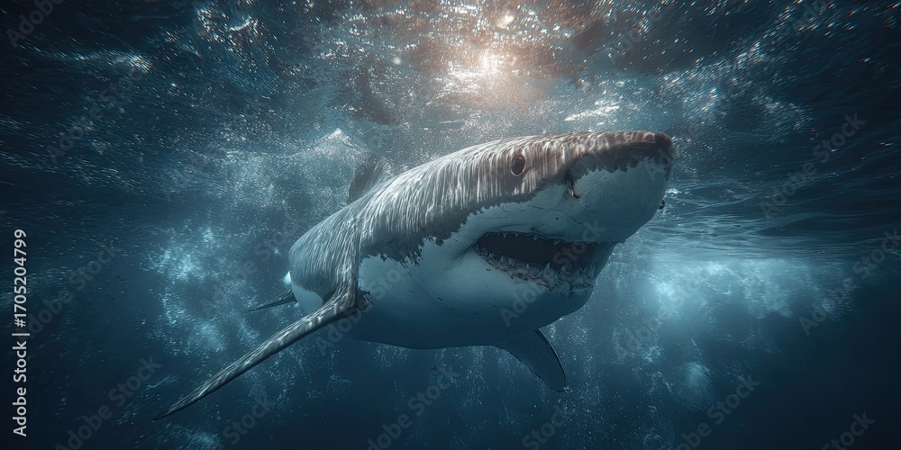 Naklejka premium Oceanic shark, bottom view. Open dangerous mouth with many teeth. Underwater blue