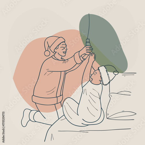 Joyful parent and child in pajamas wearing santa hats decorating a christmas tree with a single light bulb creating holiday memories together