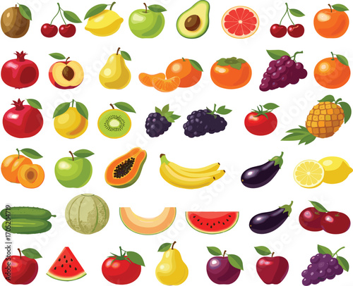 Cartoon fruits, colorful produce, healthy food icons, fruit grid, tropical collection, fresh diet, educational design, juicy slices, organic illustration, vibrant harvest