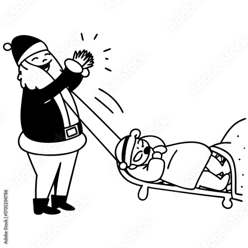 Santa claus happily clapping his hands while pulling a sleigh with a sleeping baby dressed in a santa hat and outfit