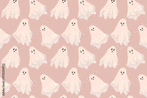Seamless vector pattern of fluffy beige ghosts with cute faces on a warm dusty pink background. Halloween decor, kids prints, wrapping paper and seasonal design