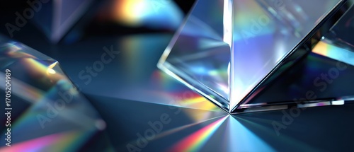 Abstract crystal prism refracting light, creating rainbow spectrum on dark blue surface Concept of optics, physics, and light dispersion for science and education