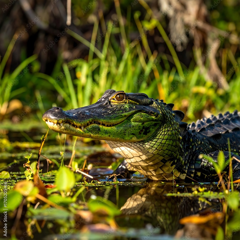Obraz premium Close-up of a young alligator in swampy water