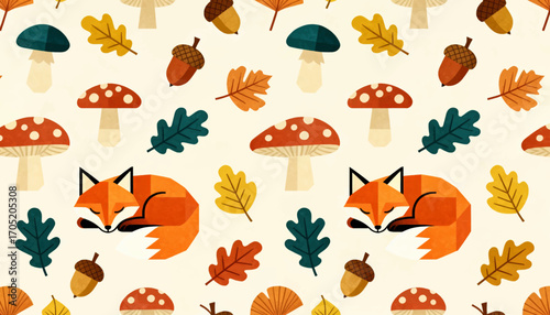 Sleeping foxes amidst autumnal leaves, mushrooms, and acorns in a repeating pattern.