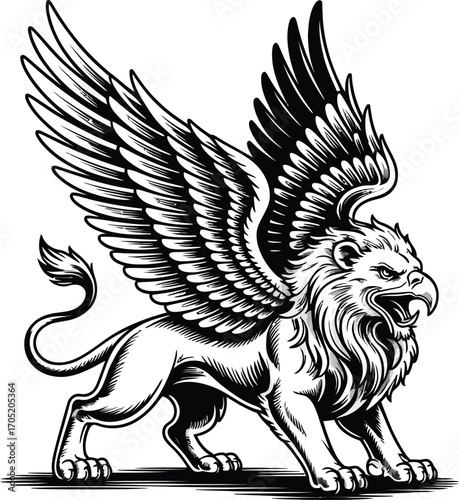 Black and white griffin with spread wings mythical
