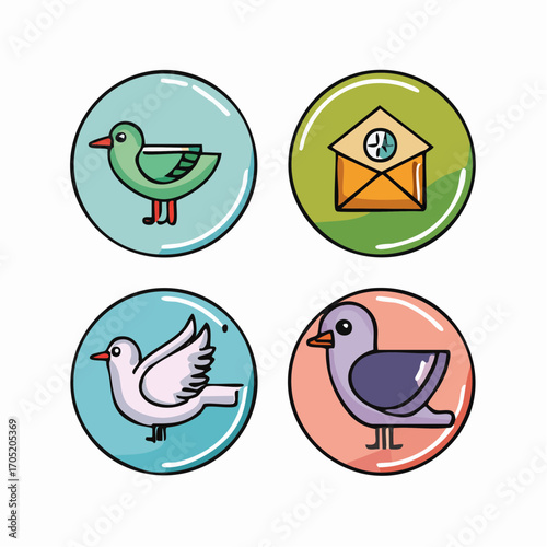 Colorful collection of illustrated icons featuring carrier pigeons, doves, and mail for communication and messaging concepts