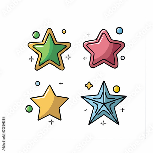 Charming set of colorful star vector illustrations in a playful doodle style, ideal for festive designs, rewards, and decorative graphic elements, adding a whimsical touch