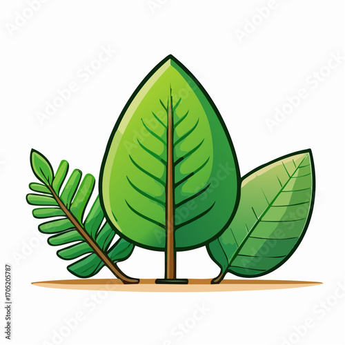 Cartoon illustration of diverse green leaves, showcasing natural plant variety and growth