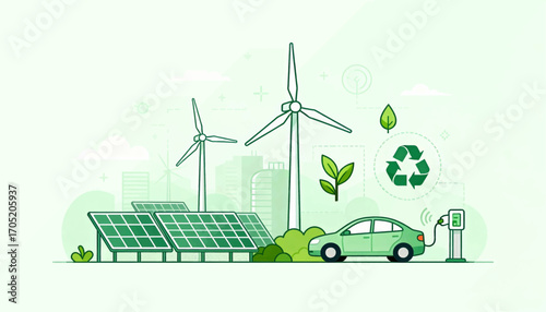 Illustration of wind turbines, solar panels, electric car charging, and recycling symbol, representing renewable energy and sustainability.