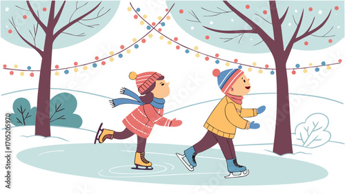 Two happy children in winter hats and scarves ice skating outdoors on a frozen pond decorated with festive string lights