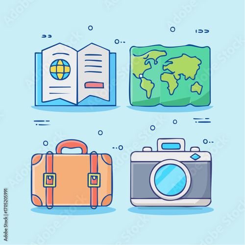 Travel essentials collection a vintage camera, suitcase, map, and passport-style booklet for globetrotters and adventurers