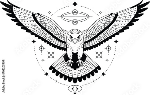 Black and white graphic illustration of a hawk with geometric celestial elements
