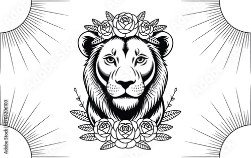 Black and white lion head with roses and sunbursts