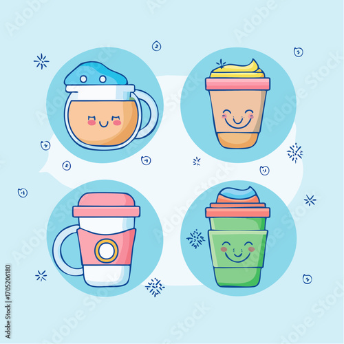 Cute Kawaii Coffee Cups and Drinks with Happy Faces, Vector Illustration