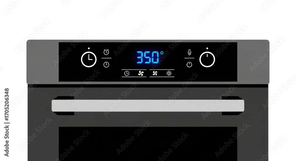 Obraz premium A close-up of a modern, grey built-in oven with digital controls displaying 350 degrees, and a silver handle