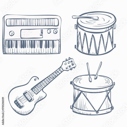 Collection of musical instruments keyboard, electric guitar, and drums drawn in a sketchy, artistic style