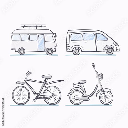 Travel Transportation Options A Detailed Line Art Illustration of Various Vehicles