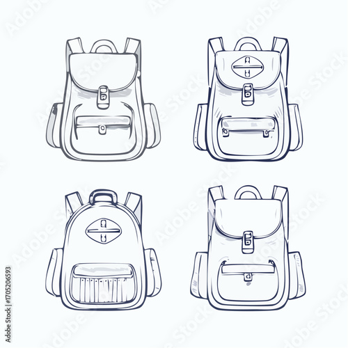 Collection of four hand-drawn backpack illustrations in a clean, modern outline style on a white background