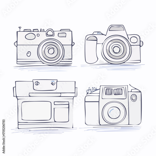 Doodle collection of various photographic equipment including retro and digital cameras, isolated vector set