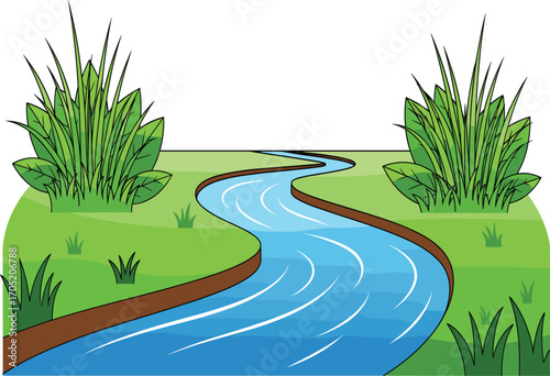 Cartoon river landscape vector, natural scenery illustration, grassy banks, flowing water clipart, peaceful environment design, outdoor nature element