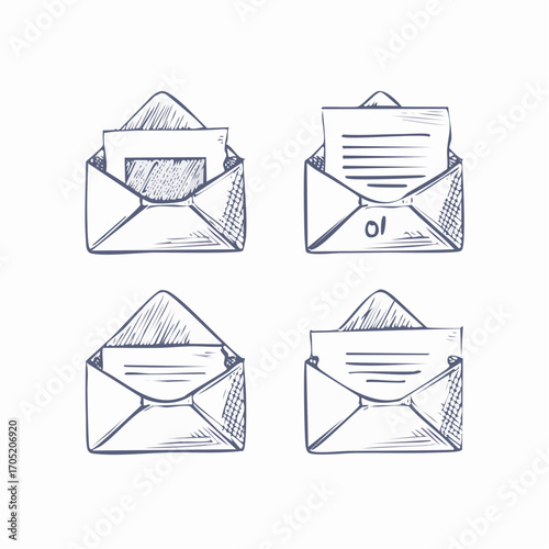 Hand-drawn sketch collection of open envelopes with letters, illustrating the concept of sending and receiving mail correspondence