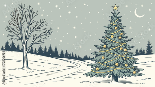 Vintage hand drawn illustration of a snow covered winter landscape with a decorated christmas tree and bare tree