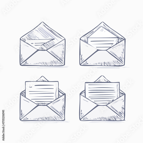 Hand-drawn vector set of open mail envelopes with letters. Vintage sketch illustration for correspondence, messages, and communication concepts