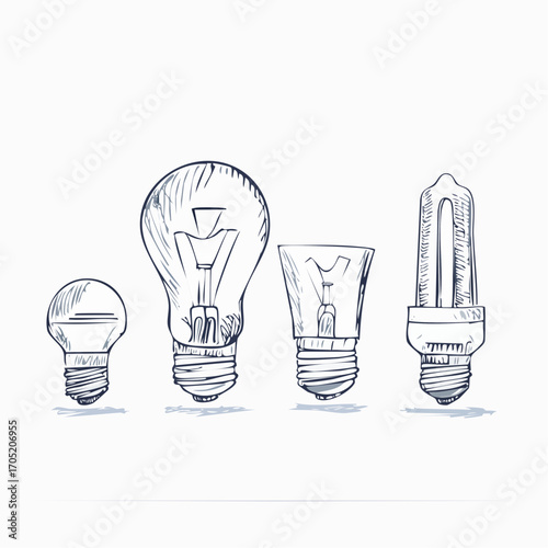 Creative hand-drawn sketch of various light bulb types, from classic to modern, symbolizing the evolution of lighting, bright ideas, and energy efficiency concepts