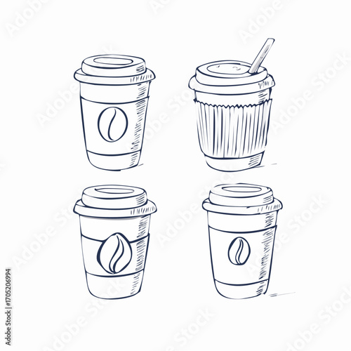 Collection of hand-drawn disposable coffee cup illustrations, showcasing various designs perfect for takeaway hot beverages and beverage-related concepts in cafes or packaging
