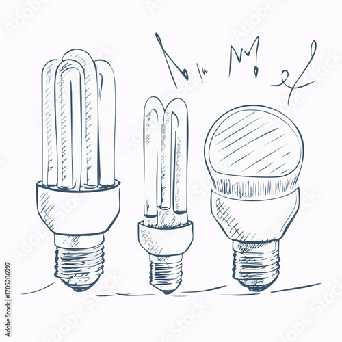 A hand-drawn sketch of various energy-saving light bulbs, including CFL and LED, illustrating the concept of innovation, electricity, and bright ideas