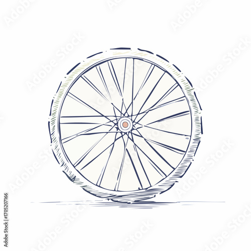 A hand-drawn sketch of a bicycle wheel with spokes, tire, and rim, presented on a white background