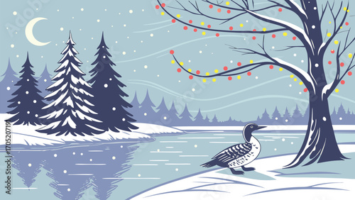A solitary goose stands on a snow covered bank beside a frozen river under a crescent moon and falling snow
