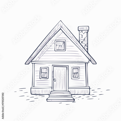 Whimsical Sketch of a Cozy Little House with Chimney and Stairs