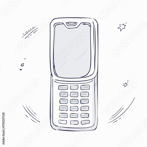 A charming hand-drawn illustration of a classic flip phone, evoking nostalgia for early mobile technology and communication