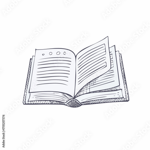 Hand-drawn sketch of an open book with turning pages. A doodle illustration representing education, literature, and knowledge concepts