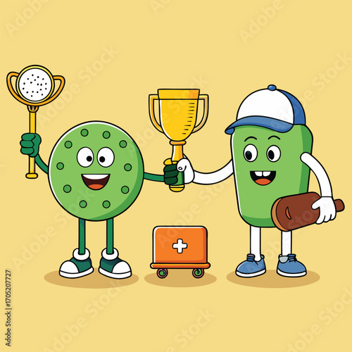 Cartoon flat icon of pickleball team handshake with paddles, ball, trophy, and accessories around.
