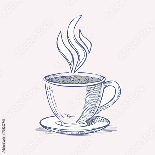Hand-drawn illustration of a steaming cup of coffee on a saucer, perfect for cozy mornings and cafe ambiance