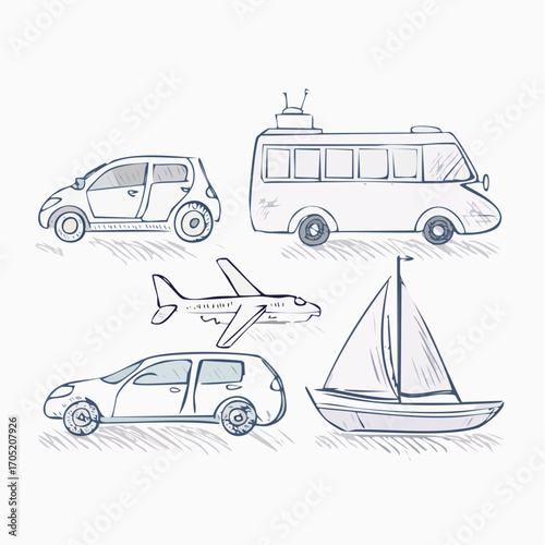 Collection of various modes of transport including a car, minivan, airplane, and sailboat sketched in a simple artistic style